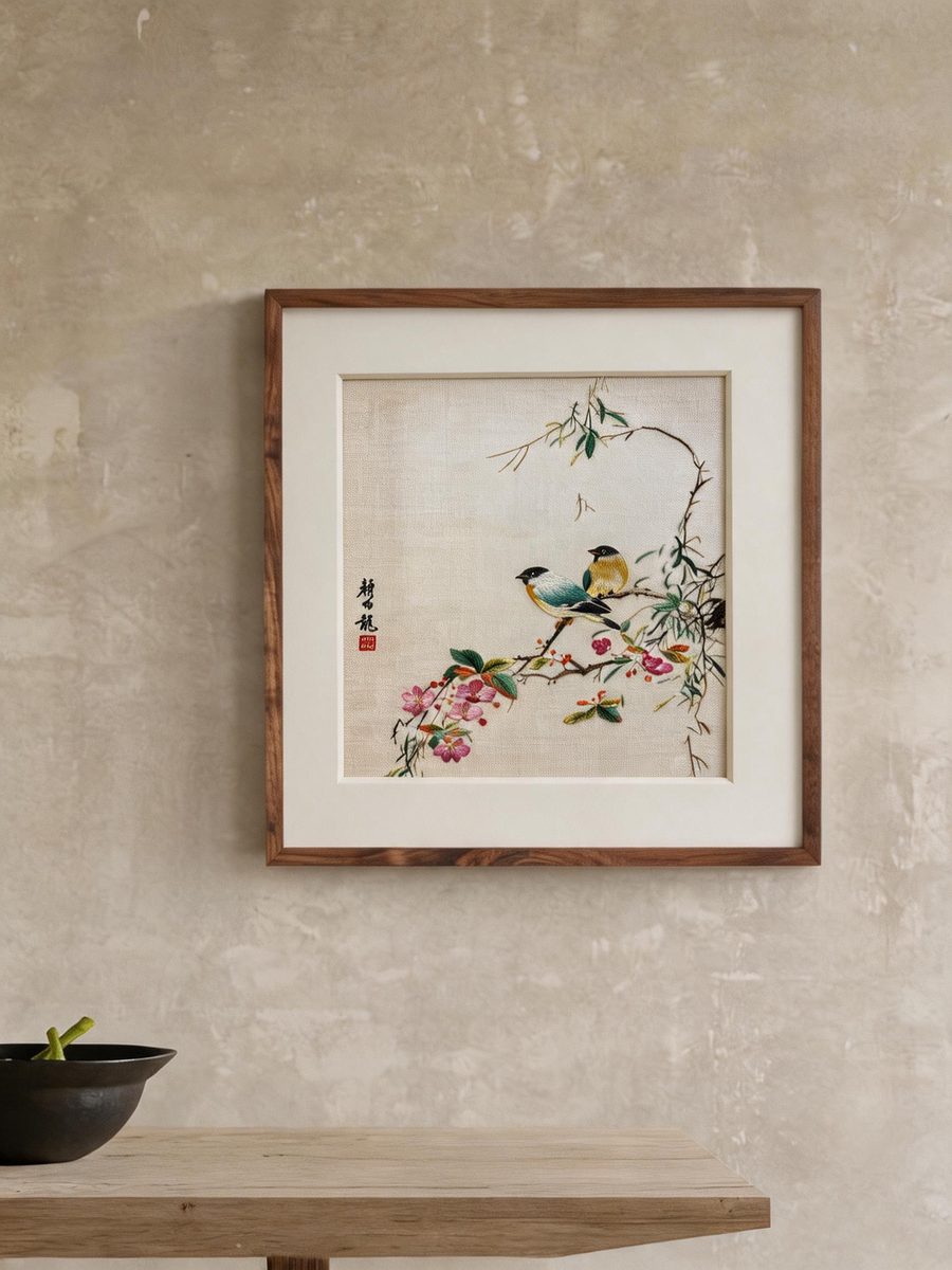 Shu‑Brocade Companion Birds on Floral Twigs · Vertical Framed Silk Art
