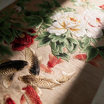 Shu Brocade Peony & Eight-Koi Vertical Scroll