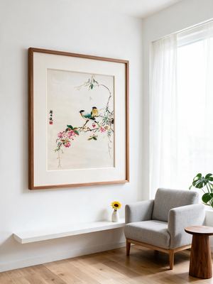 Shu-Brocade Companion Birds on Floral Twigs · Vertical Framed Silk Art