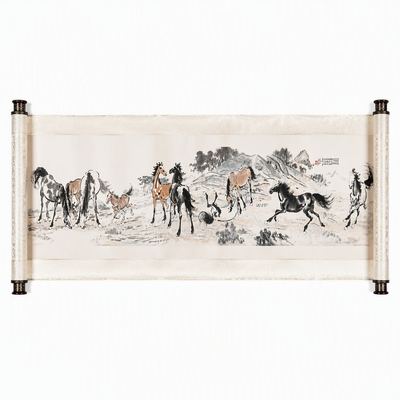 Shu-Brocade Ten Horses Scroll | Auspicious Oriental Silk Wall Art