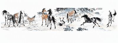 Shu-Brocade Ten Horses Scroll | Auspicious Oriental Silk Wall Art