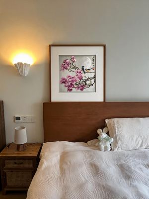 Shu-Brocade Magnolia Birds Beneath Moonlight · Square Framed Silk Art