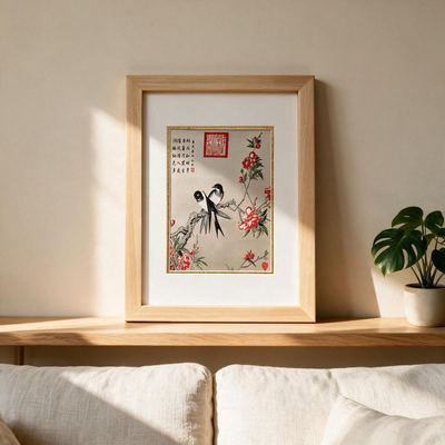 Shu-Brocade Spring Swallows on Peach Blossoms · Vertical Framed Silk Art（30*20CM）