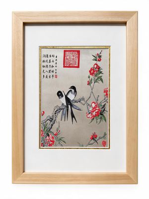 Shu-Brocade Spring Swallows on Peach Blossoms · Vertical Framed Silk Art（30*20CM）