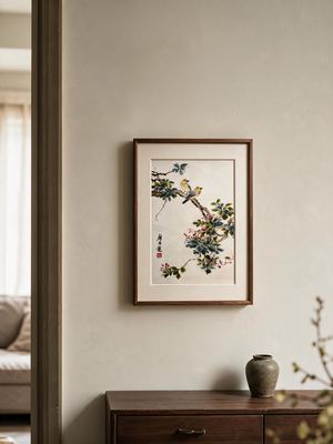 Shu-Brocade Two Birds on Blossom Branches · Vertical Framed Silk Art