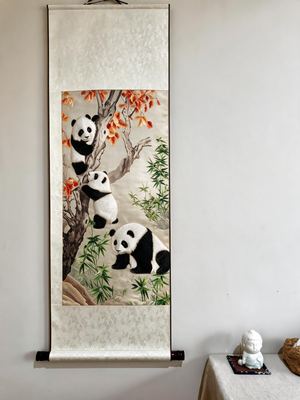 Shu-Brocade Three Pandas in Autumn Grove · Vertical Silk Scroll