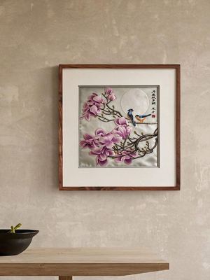Shu-Brocade Magnolia Birds Beneath Moonlight · Square Framed Silk Art