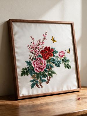 Shu-Brocade Butterflies among Peonies and Plum Blossoms · Square Framed Silk Art