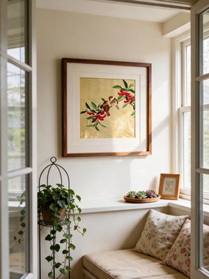 Shu-Brocade Joyful Twin Sparrows on Gilded Background · Square Framed Silk Art