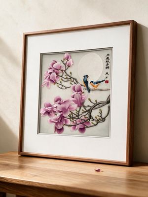 Shu-Brocade Magnolia Birds Beneath Moonlight · Square Framed Silk Art