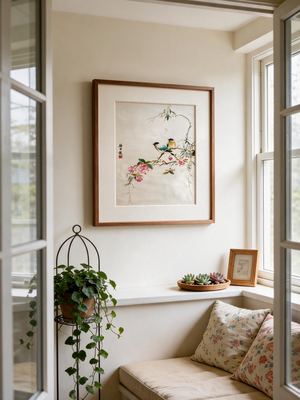 Shu-Brocade Companion Birds on Floral Twigs · Vertical Framed Silk Art