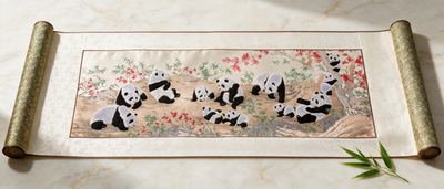 Shu-Brocade Twelve Pandas Scroll・Playful National Treasure Silk Art