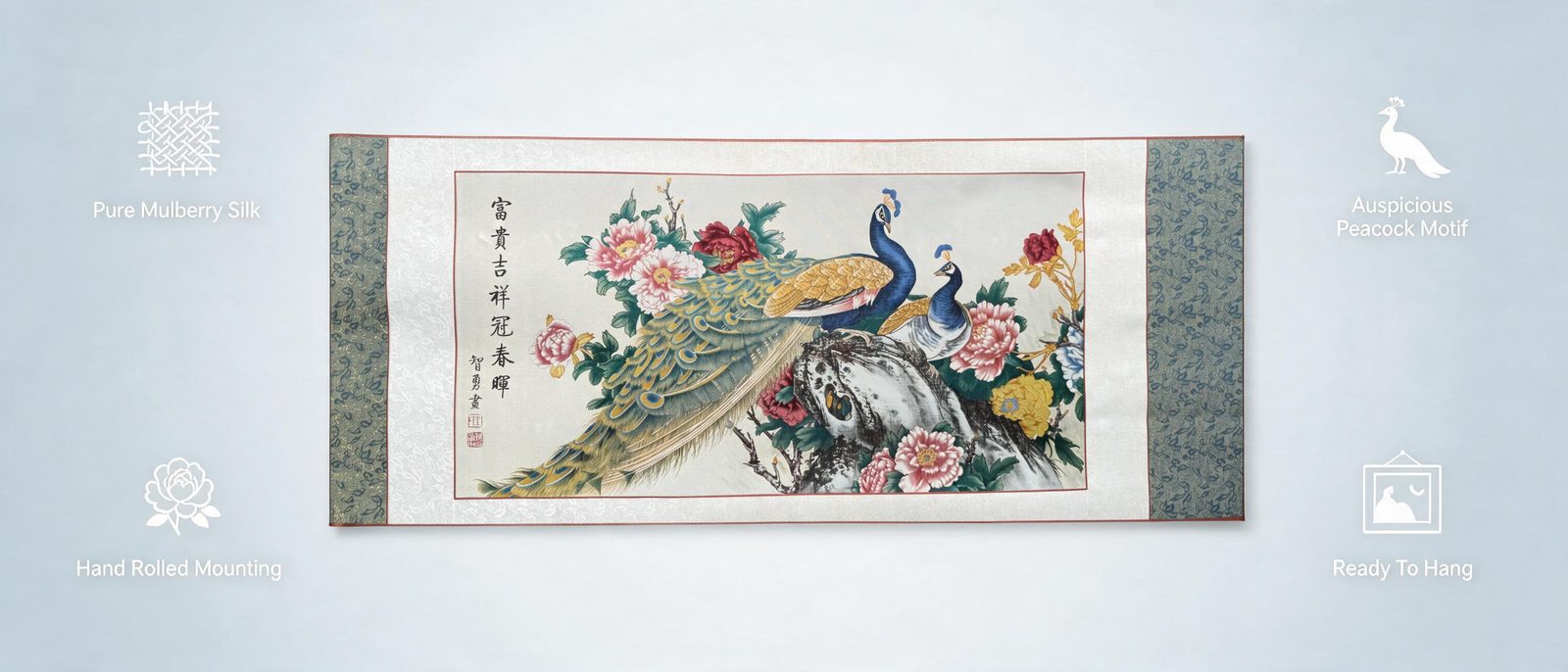 Shu-Brocade Peacock & Peony Scroll・Auspicious Oriental Silk Art