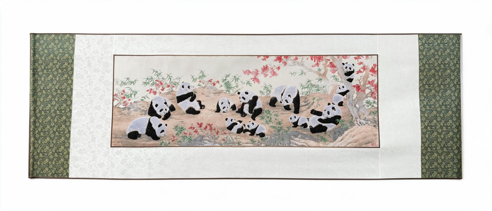Shu-Brocade Twelve Pandas Scroll・Playful National Treasure Silk Art