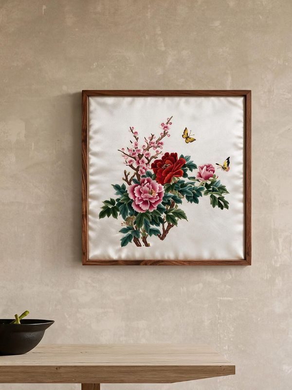 Shu-Brocade Butterflies among Peonies and Plum Blossoms · Square Framed Silk Art